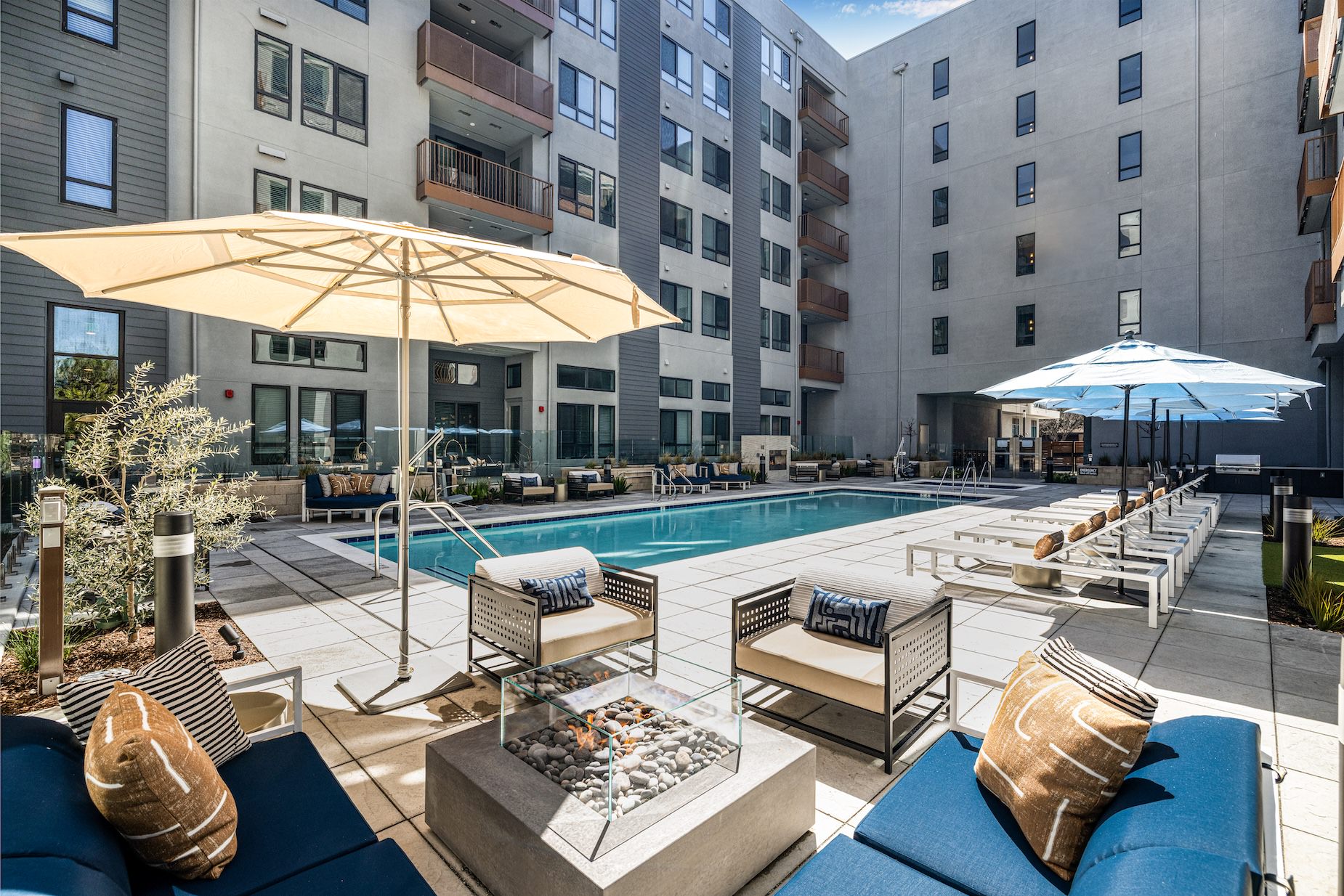 A relaxing urban apartment view represents the pool at The Tolman luxury apartments in  Fremont, CA.