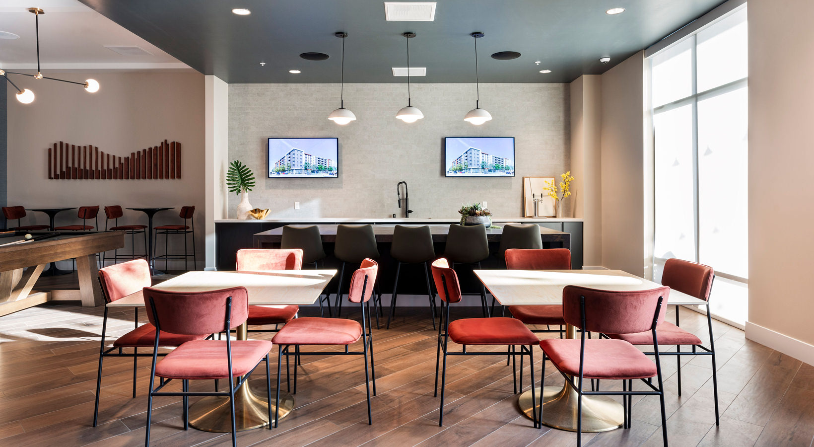 resident lounge and chairs with large windows