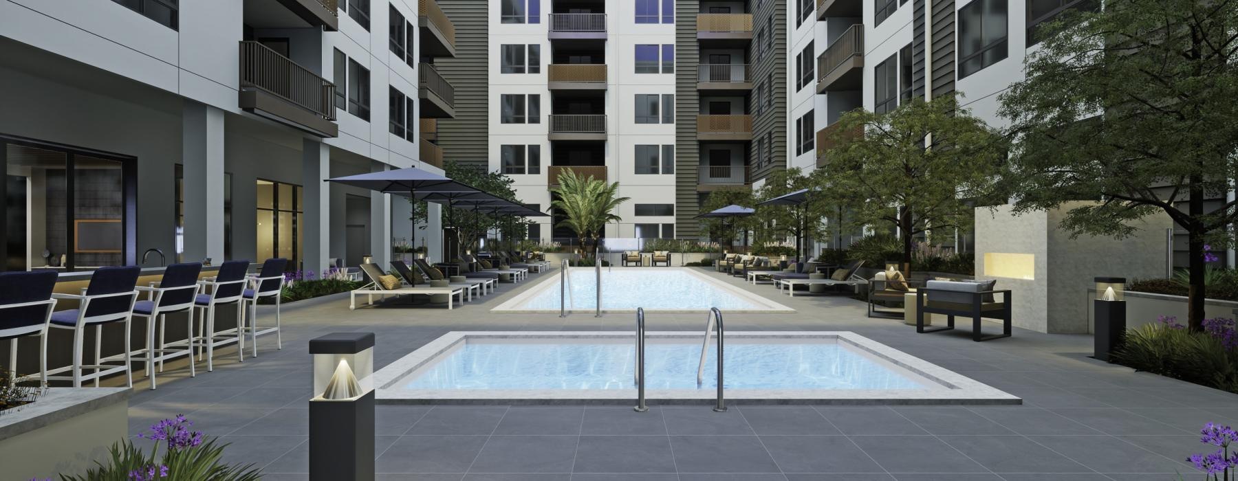 Pool in courtyard at The Tolman luxury apartments in the San Francisco Bay Area