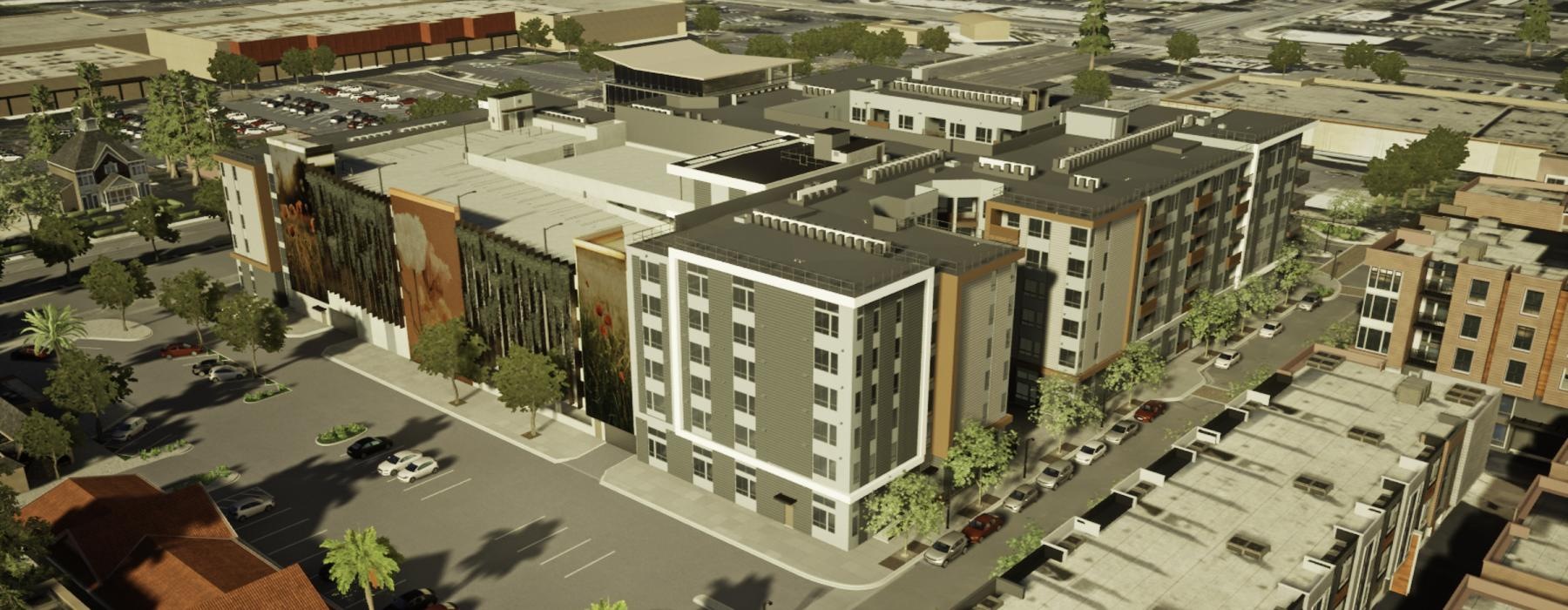 Aerial view of The Tolman apartments near Tesla in Fremont, CA