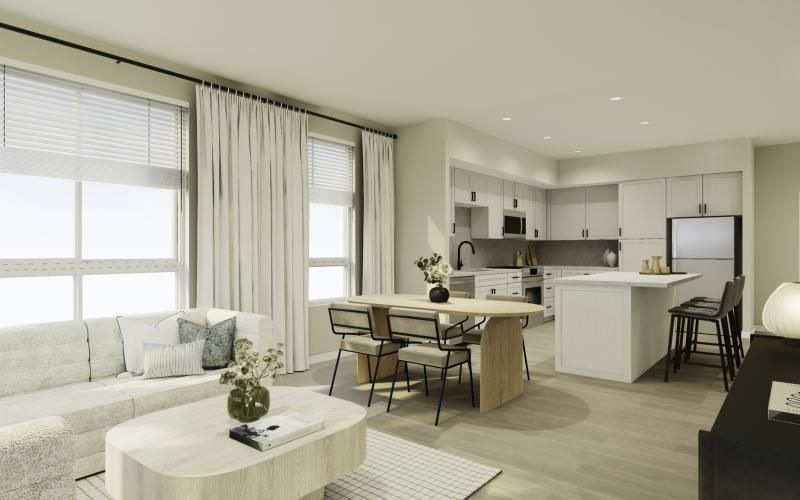 Open living space and kitchen at The Tolman pet-friendly apartments in Fremont, CA